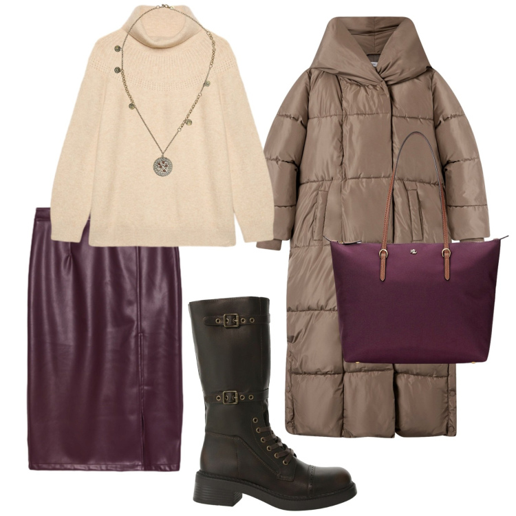 Outfit donna - In città. per Tutti i giorni. Abbinamento con cappotti, stivali, ciondoli, borse tote, gonne longuette, maglieria.