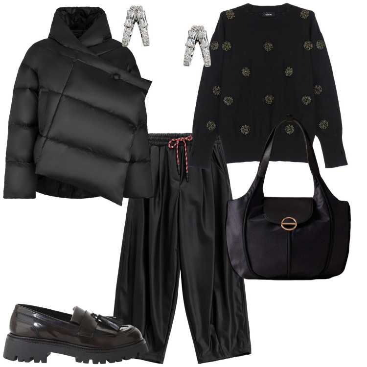 Outfit donna - In pizzeria. per Serata fuori. Abbinamento con shopping bag, pullovers, mocassini, pantaloni a palazzo, orecchini, blazer.