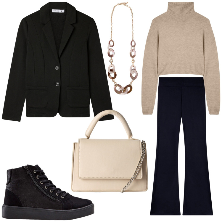 Outfit donna - Il completo pantalone in città. Stile Sporty chic per Tutti i giorni. Abbinamento con sneakers alte, leggings, blazer, maglieria, borse a tracolla, collane.