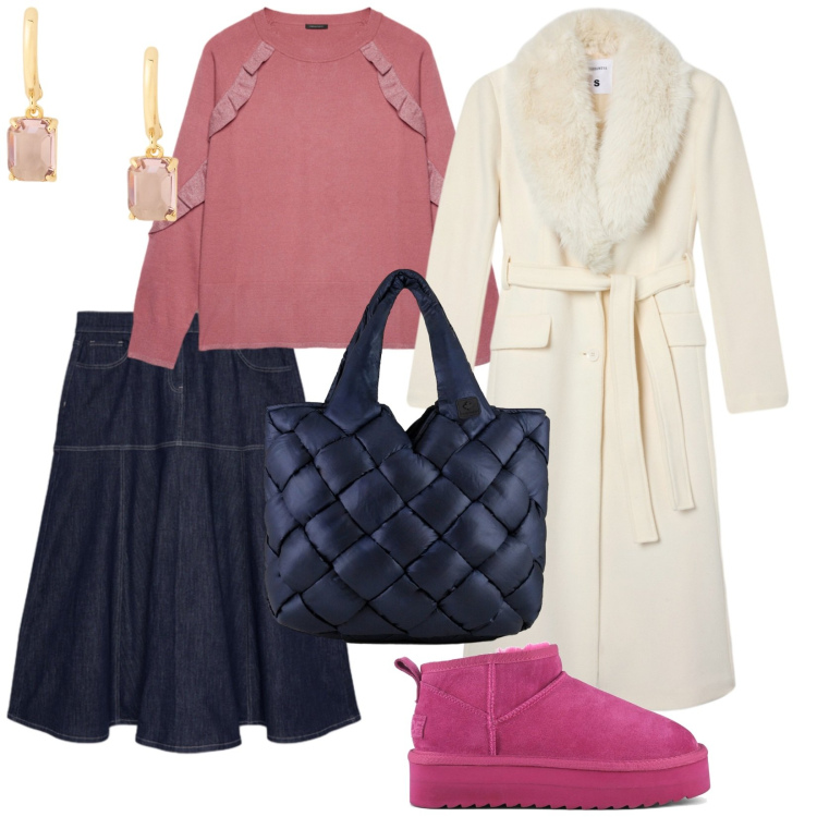 Outfit donna - A luna park con i nipotini. per Serata fuori. Abbinamento con cappotti, orecchini, borse tote, gonne lunghe, stivaletti, maglieria.