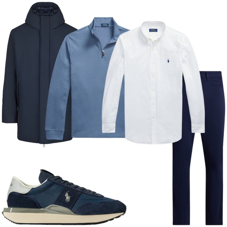 Outfit uomo - Ufficio blu. Stile Trendy per Ufficio. Abbinamento con camicie, pullovers, sneakers, pantaloni, parka.