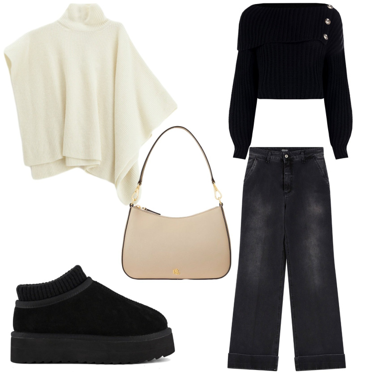 Outfit donna - Un poncho nell\' armadio. Stile Casual chic per Tutti i giorni. Abbinamento con maglieria, maglieria, jeans, borse a spalla, sabot.