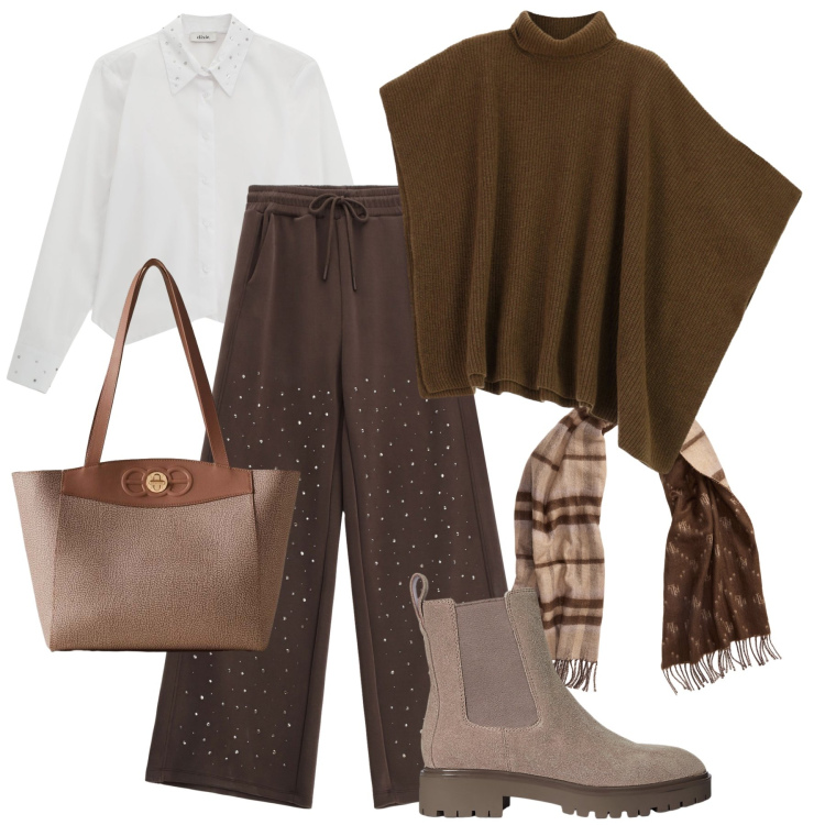 Outfit donna - Il maglione poncho. Stile Casual chic per Tutti i giorni. Abbinamento con pantaloni, camicie, shopping bag, maglieria, stivaletti chelsea, sciarpe.