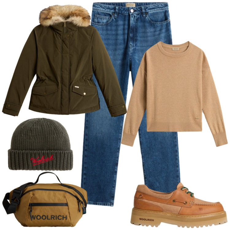 Outfit donna - Black Friday Woolrich. Stile Mannish per Tutti i giorni. Abbinamento con maglieria, blazer, borse a tracolla, mocassini, jeans, berretti.