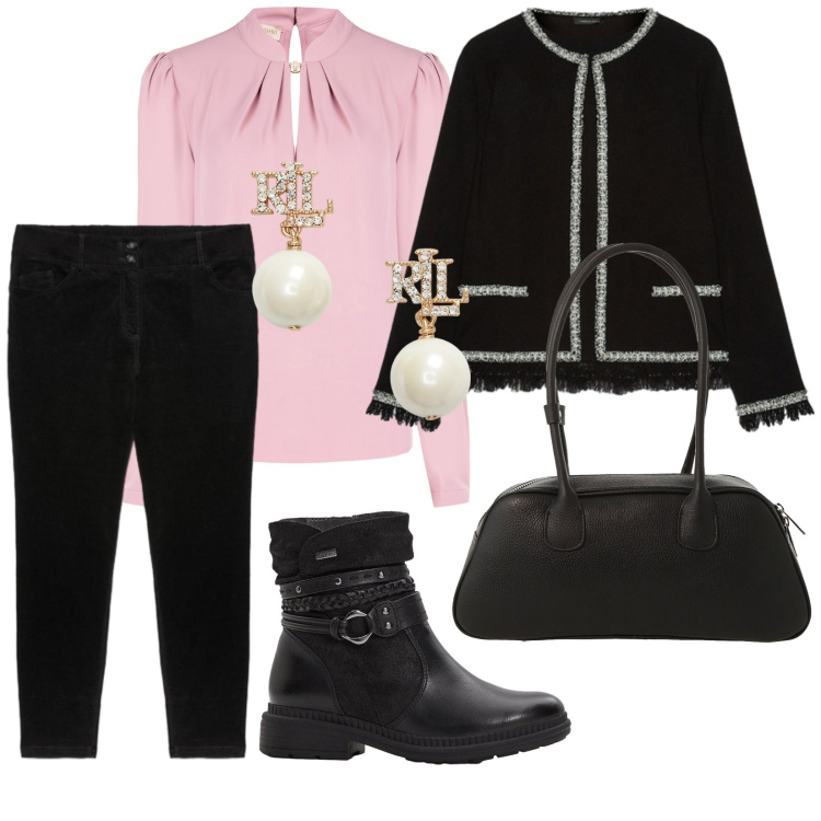 Outfit donna - Velluto nero. Stile Bon Ton per Ufficio. Abbinamento con stivaletti, bluse, borse a mano, orecchini, cardigans, pantaloni skinny.