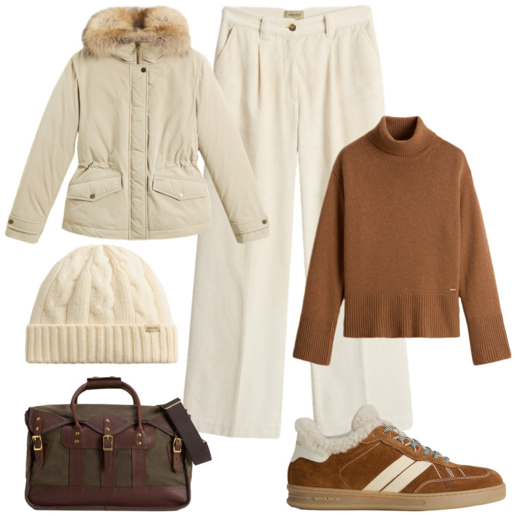 Outfit donna - Woolrich b/f. Stile Casual chic per Tutti i giorni. Abbinamento con borse a tracolla, pantaloni, sneakers, berretti, blazer, maglieria.