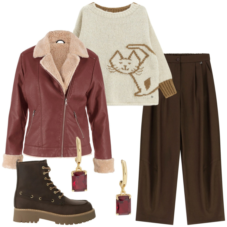 Outfit donna - Total look #2290251. Stile Urban per Tutti i giorni. Abbinamento con bomber, maglieria, pantaloni a palazzo, stivaletti, orecchini.