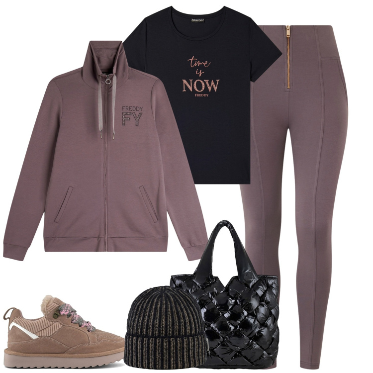 Outfit donna - Freddy. Stile Casual per Tutti i giorni. Abbinamento con t-shirt, felpe, pantaloni skinny, berretti, borse tote, sneakers alte.