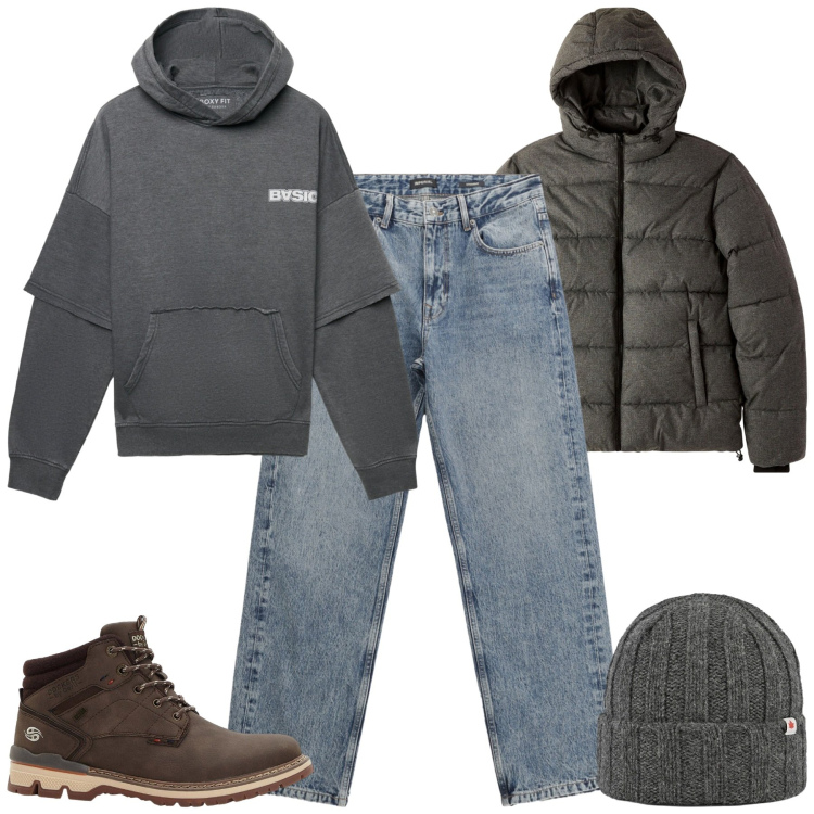 Outfit uomo - City. Stile Casual per Tutti i giorni. Abbinamento con stivali e stivaletti, felpe con cappuccio, bomber, jeans dritti, cappelli.