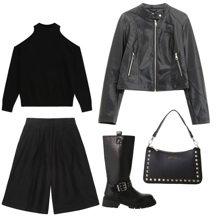 Outfit donna - Aperitivo. Stile Casual chic Abbinamento con giacche, pochette, stivali, maglieria, bermuda.