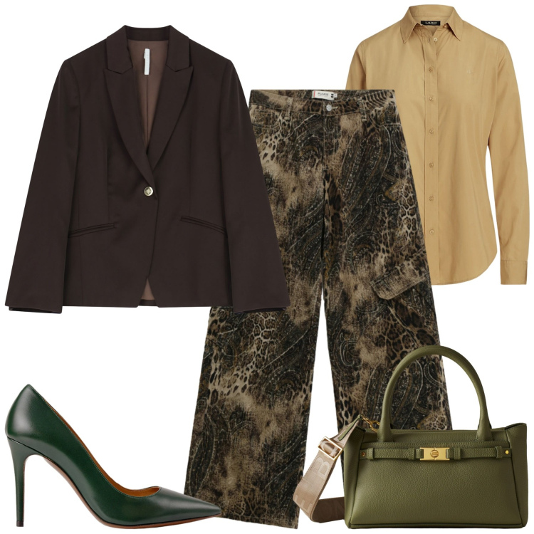 Outfit donna - City. Stile Urban per Tutti i giorni. Abbinamento con pantaloni cargo, blazer, borse a mano, décolleté, camicie.