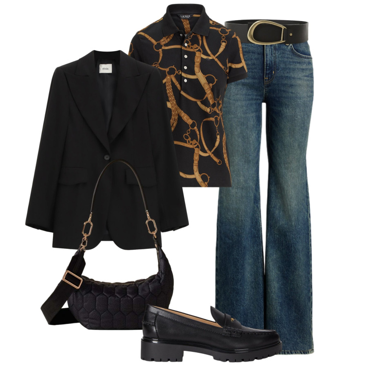 Outfit donna - 70s con classe. Stile 70s per Tutti i giorni. Abbinamento con borse a tracolla, blazer, cinture, jeans, polo, mocassini.