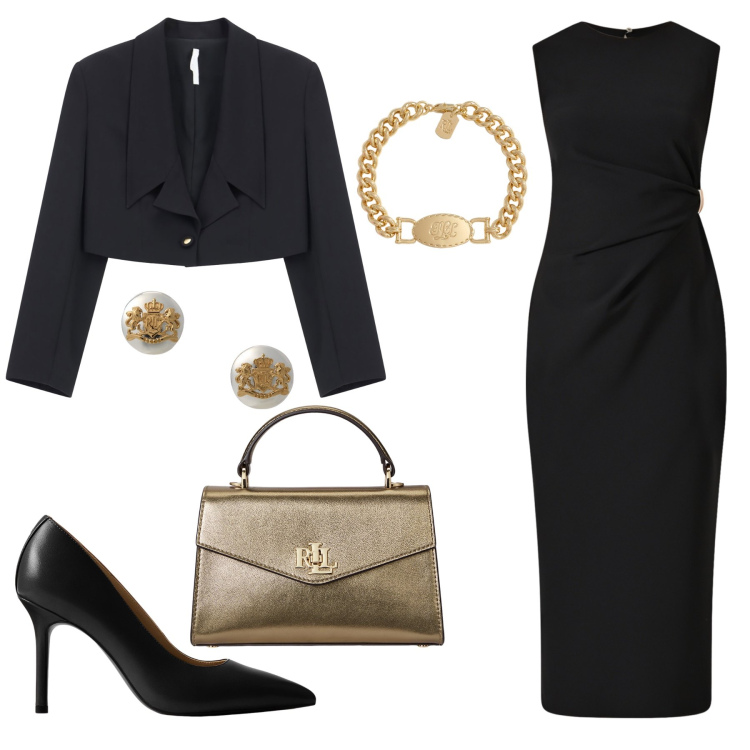 Outfit donna - Magic. Stile Casual chic per Ufficio. Abbinamento con vestiti a tubino, blazer, orecchini, braccialetti, borse a mano, décolleté.