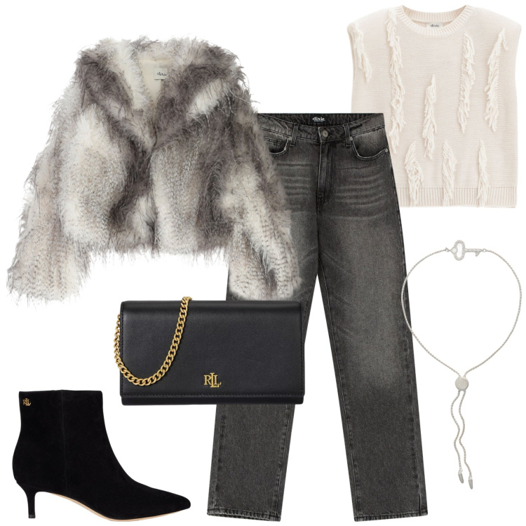 Outfit donna - Aperitivo. Stile Casual chic per Tutti i giorni. Abbinamento con jeans dritti, maglieria, blazer, braccialetti, borse a tracolla, stivaletti.