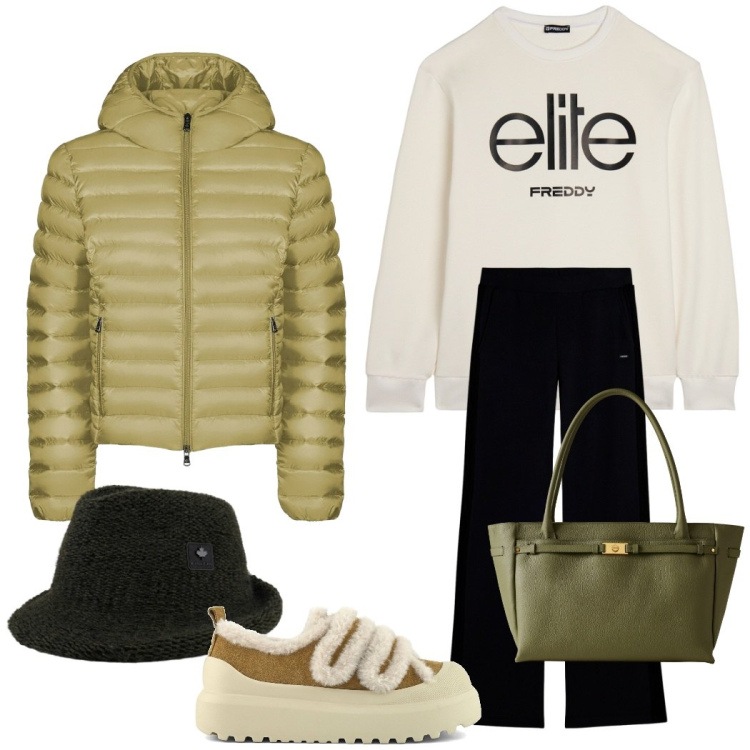Outfit donna - In città. Stile Sporty chic per Tutti i giorni. Abbinamento con shopping bag, felpe, pantaloni, cappelli, bomber, sneakers.