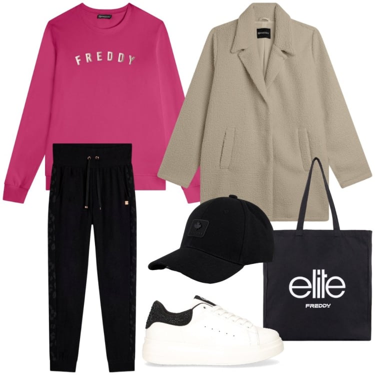 Outfit donna - Total look #2290271. Stile Sporty chic per Tutti i giorni. Abbinamento con cappotti, pantaloni, felpe, shopping bag, cappelli, sneakers.
