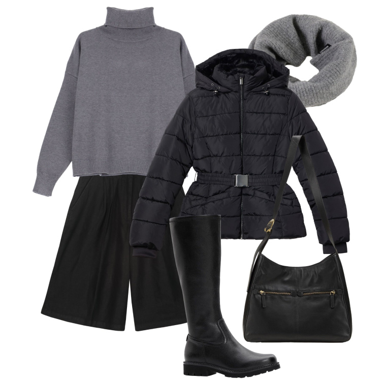 Outfit donna - Total look urbano. Stile Urban per Tutti i giorni. Abbinamento con stivali, borse a tracolla, piumini, maglieria, scaldacollo, bermuda.
