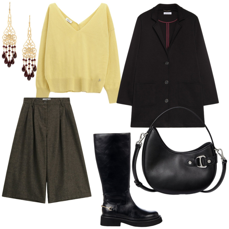 Outfit donna - Per il giorno. per Ufficio. Abbinamento con shorts, stivali sopra il ginocchio, maglieria, borse a tracolla, orecchini, cappotti.