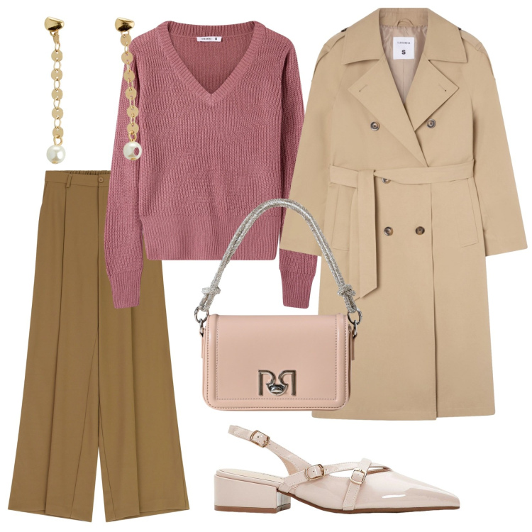 Outfit donna - Colori chiari. per Tutti i giorni. Abbinamento con décolleté, orecchini, borse a mano, trench, maglieria, pantaloni a palazzo.