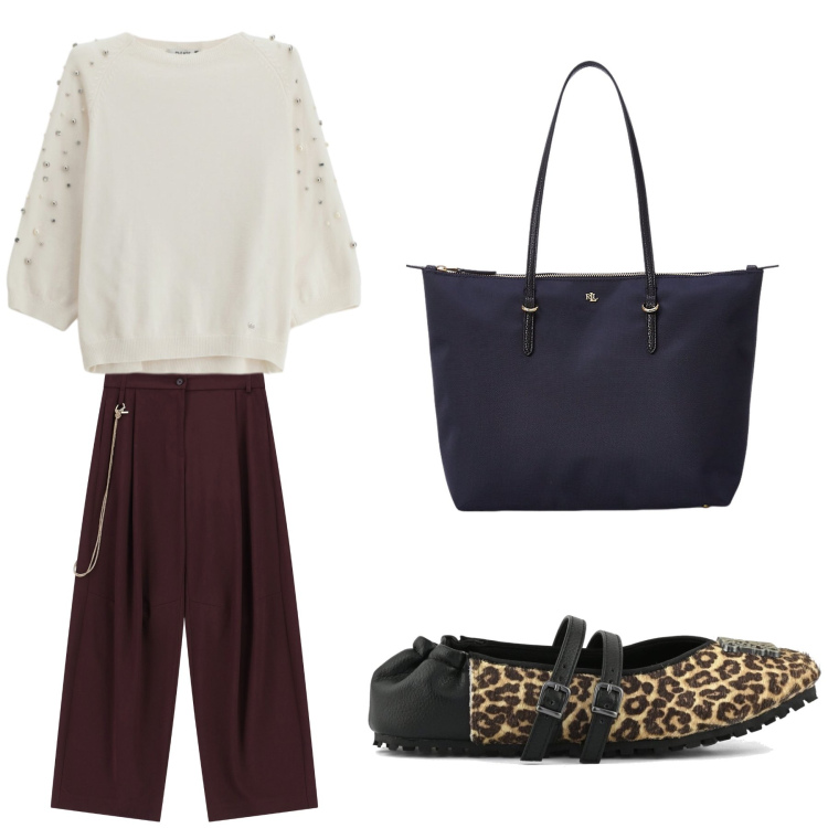 Outfit donna - Aperitivo. Stile Trendy per Tutti i giorni. Abbinamento con maglieria, pantaloni a palazzo, borse tote, ballerine.