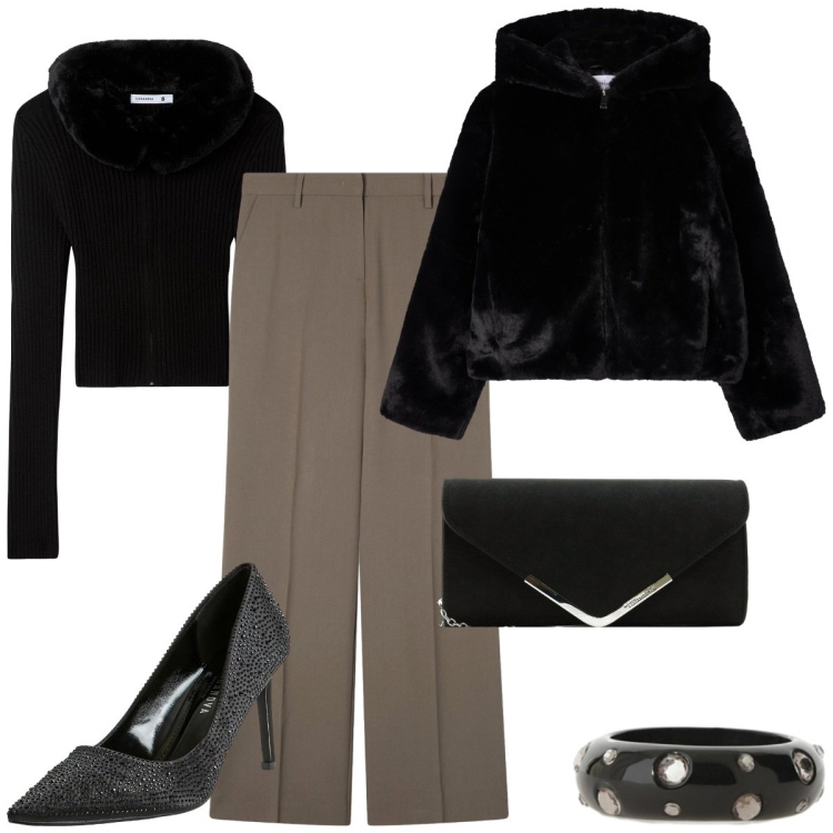 Outfit donna - Serata con stile. Stile Glamour per Serata fuori. Abbinamento con pochette, pantaloni a palazzo, cardigans, ecopellicce, décolleté, anelli.