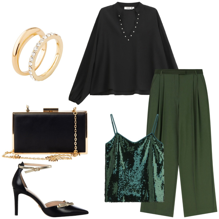 Outfit donna - Total look #2290284. Stile Glamour per Serata fuori. Abbinamento con anelli, camicie, top, décolleté, pochette, pantaloni.