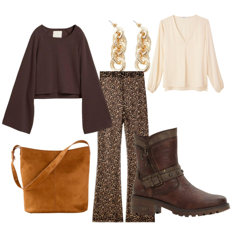 Outfit donna - Pomeriggio autunnale. Stile 70s per Tutti i giorni. Abbinamento con orecchini, pantaloni, bluse, borse a mano, cappe, stivaletti.