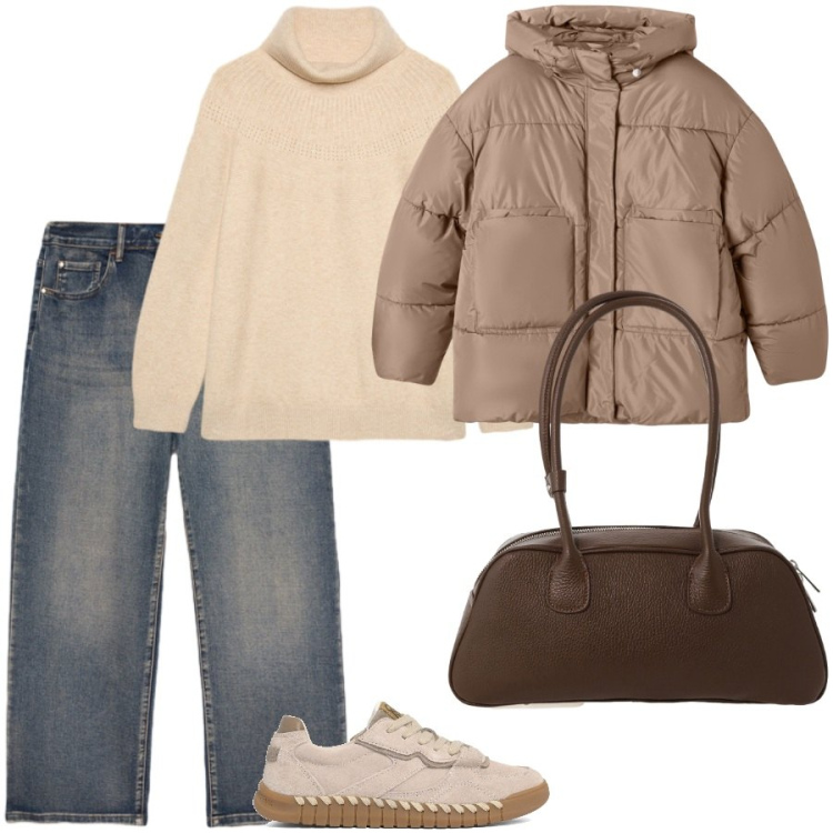 Outfit donna - Cozy. Stile Casual per Tutti i giorni. Abbinamento con bomber, borse a mano, sneakers, maglieria, jeans.