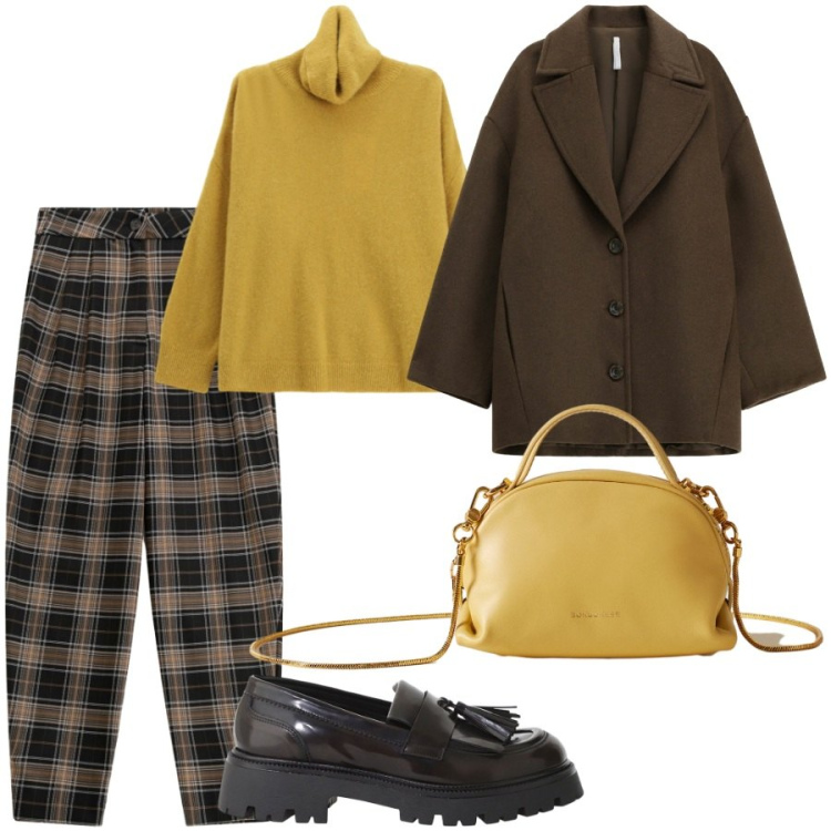 Outfit donna - Total look #2290342. Stile Chic per Ufficio. Abbinamento con maglieria, cappotti, borse a mano, pantaloni, mocassini.