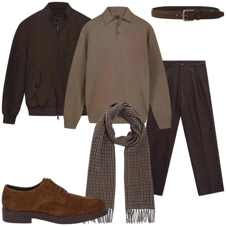 Outfit uomo - Dicembre freddo. Stile Trendy per Tutti i giorni. Abbinamento con pantaloni, cinture, bomber, scarpe stringate, sciarpe, maglieria.