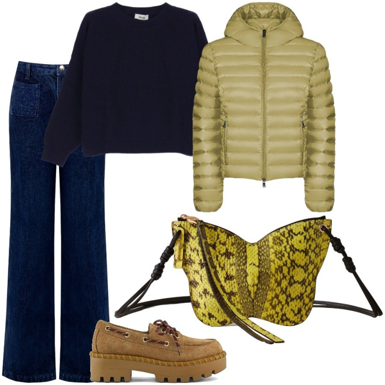 Outfit donna - Total look #2290345. Stile Casual chic per Tutti i giorni. Abbinamento con jeans, borse a tracolla, maglieria, bomber, mocassini.