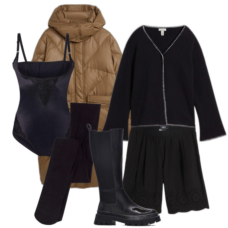 Outfit femme - Novembre. Style Casual chic pour Tous les jours. Assortir avec collants, body, bottes, doudounes, short, pulls.