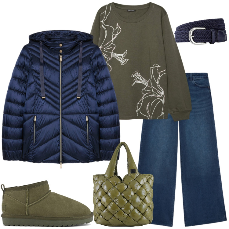 Outfit donna - Urban style curvy. Stile Urban per Tutti i giorni. Abbinamento con cinture, borse tote, felpe, jeans, piumini, stivali.