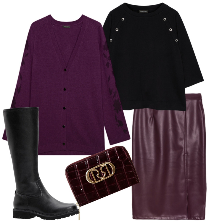 Outfit donna - In ufficio. Stile Casual chic per Ufficio. Abbinamento con stivali, portafogli, gonne longuette, cardigans, felpe.