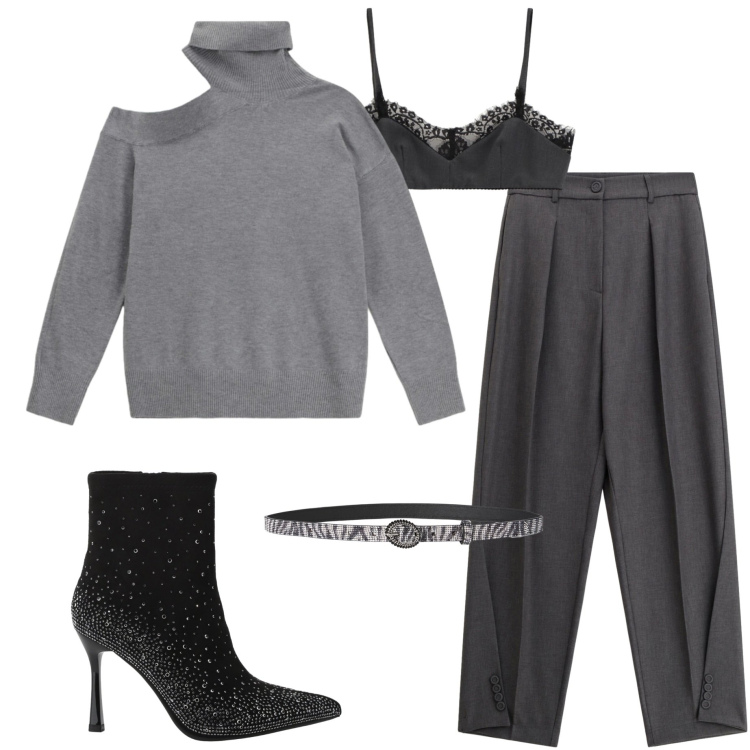 Outfit donna - Serata fuori. Stile Casual chic per Serata fuori. Abbinamento con cinture, maglieria, stivaletti, top, pantaloni.