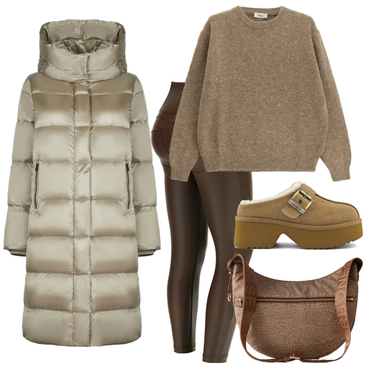 Outfit donna - In montagna per negozi. Stile Sporty chic per Tutti i giorni. Abbinamento con borse a spalla, pantaloni skinny, maglieria, cappotti, sabot.