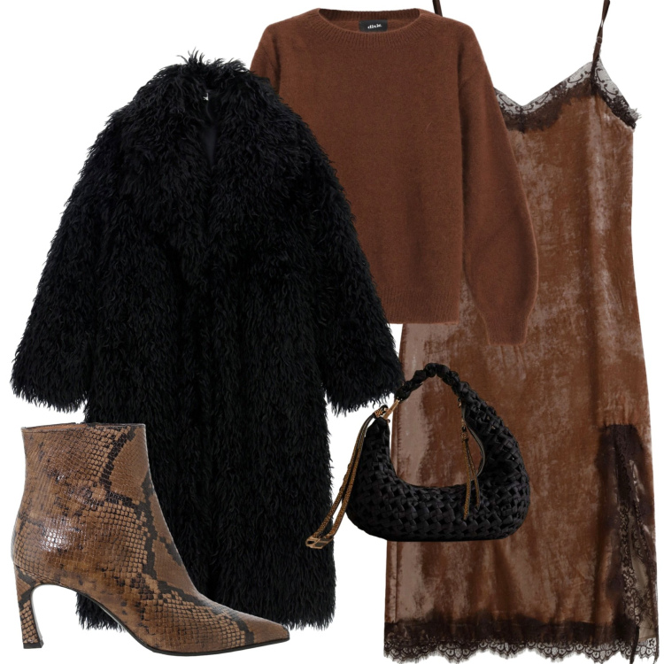 Outfit donna - Party glamour. Stile Glamour per Serata fuori. Abbinamento con cappotti, borse a mano, pullovers, vestiti midi/longuette, stivaletti.