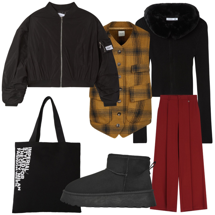 Outfit donna - Col freddo aggiungerei il gilet. Stile Trendy per Tutti i giorni. Abbinamento con cardigans, stivaletti, bomber, shopping bag, pantaloni a palazzo, gilet.