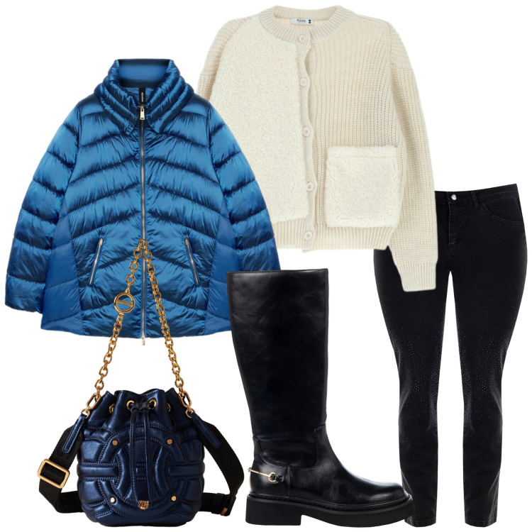 Outfit donna - Moda curvy in montagna. Stile Casual chic per Tutti i giorni. Abbinamento con cardigans, stivali sopra il ginocchio, jeans skinny, borse a secchiello, piumini.