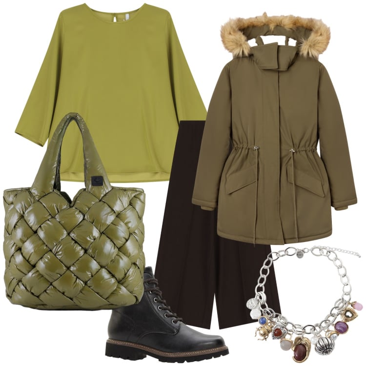 Outfit donna - Oliva. Stile Urban per Tutti i giorni. Abbinamento con stivaletti, parka, bluse, pantaloni a palazzo, braccialetti con ciondoli, borse tote.
