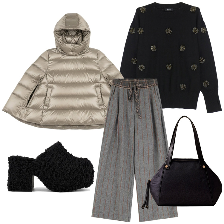 Outfit donna - Glam e chic. Stile Romantica per Tutti i giorni. look ideale per Petite. Abbinamento con shopping bag, pantaloni a palazzo, pullovers, piumini, sabot.