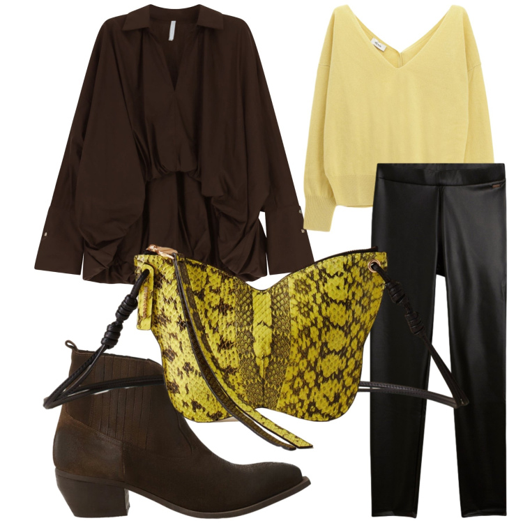 Outfit donna - Prime occasioni di feste in ufficio. Stile Glamour per Ufficio. Abbinamento con camicie, borse a tracolla, treggings, maglieria, stivaletti.