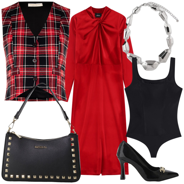 Outfit donna - Il tocco originale del gilet. Stile Glamour per Serata fuori. Abbinamento con gilet, pochette, décolleté, body, vestiti midi/longuette, ciondoli.