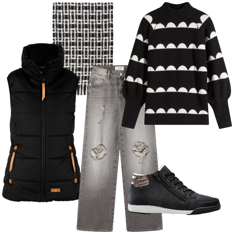 Outfit donna - Total look #2290369. Stile Minimal per Tutti i giorni. Abbinamento con sneakers alte, piumini, maglieria, jeans strappati, sciarpe.