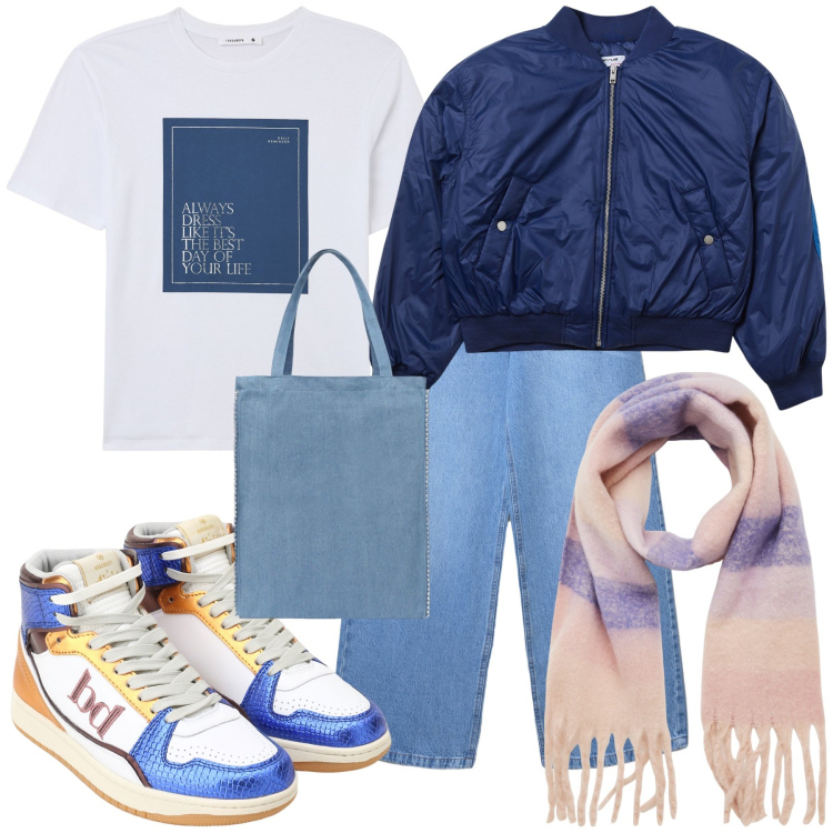 Outfit donna - Sportiva ma calda. Stile Casual per Tutti i giorni. Abbinamento con t-shirt, sciarpe, bomber, borse tote, jeans, sneakers alte.