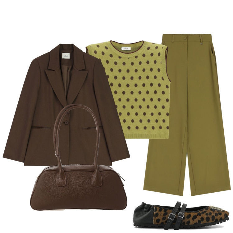 Outfit donna - In ufficio. Stile Minimal per Ufficio. Abbinamento con pantaloni a palazzo, maglieria, blazer, borse a mano, ballerine.