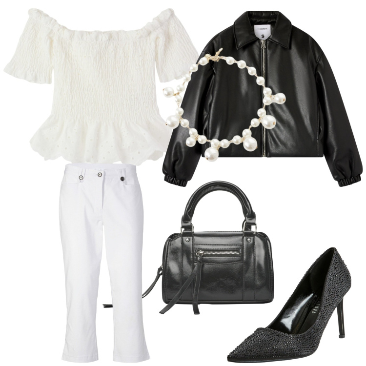 Outfit donna - Dolce rockettara. Stile Trendy per Serata fuori. Abbinamento con pantaloni capri, décolleté, bluse, bomber, borse a mano, collane.