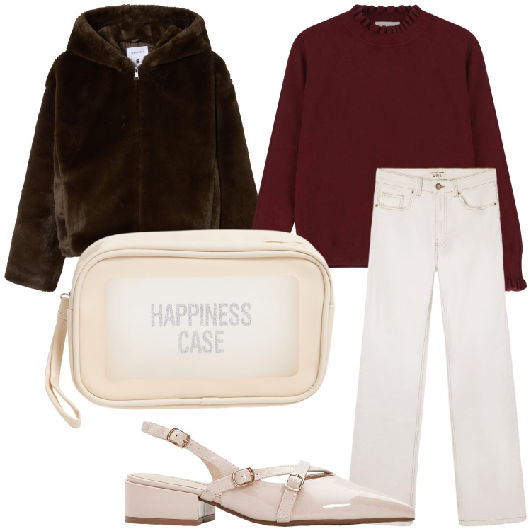 Outfit donna - Felicità è cioccolata con panna. Stile Urban per Tutti i giorni. Abbinamento con décolleté, jeans bootcut, ecopellicce, valigie, maglieria.