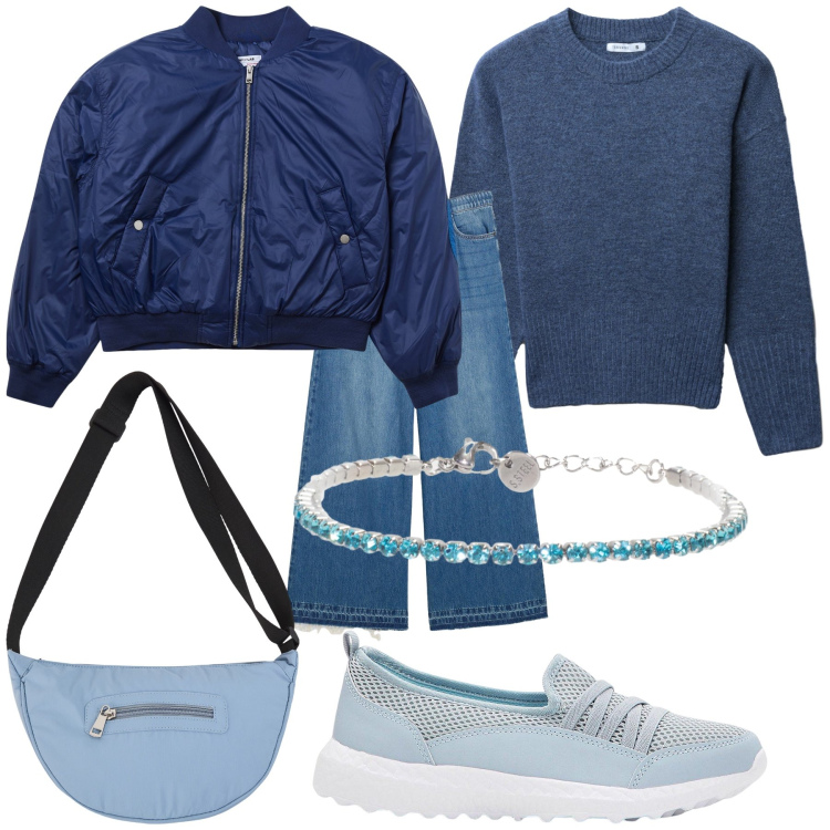 Outfit donna - Bel blu. Stile Casual chic per Tutti i giorni. Abbinamento con sneakers, jeans, bomber, borse a tracolla, maglieria, braccialetti.