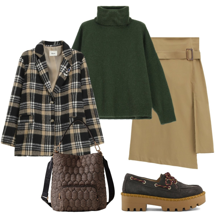 Outfit donna - Elegante in ufficio. Stile Minimal per Ufficio. Abbinamento con maglieria, gonne longuette, blazer, borse a secchiello, mocassini.